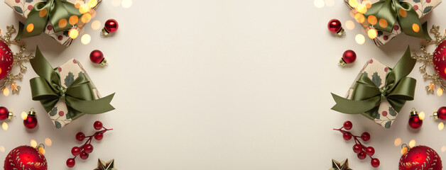 Merry Christmas and Happy Holidays greeting card, frame, banner. New Year. Christmas ornaments and...