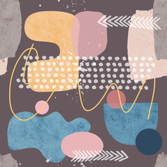 Seamless abstract background with geometric shapes, watercolor, and craft paper textures. Modern contemporary pattern in soft pastel colors, perfect for fabric design, wrapping paper.