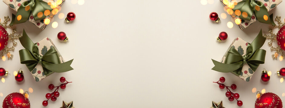 Merry Christmas and Happy Holidays greeting card, frame, banner. New Year. Christmas ornaments and gifts, presents on light beige background top view. Winter xmas holiday festive theme.