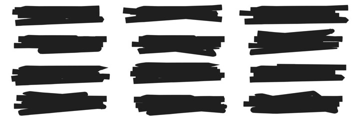 Collection of black marker strokes various shapes and sizes perfect for highlighting text or adding emphasis to designs EPS vector