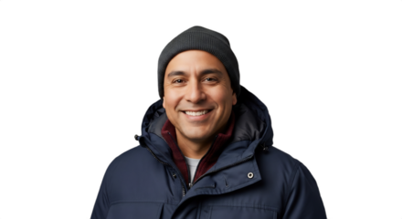 Smiling 47-52-year-old Hispanic building superintendent salting an entrance walkway, wearing a heavy winter coat and warm hat, isolated on transparent background. Ideal for property management,