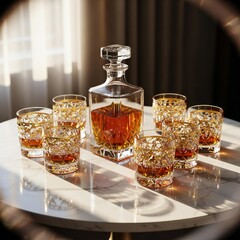 A decanter with whiskey and six glasses on a marble surface against a blurred background