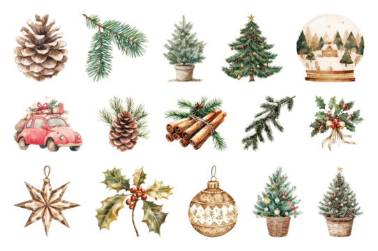 PNG Festive holiday decorations collection, element set on transparent background