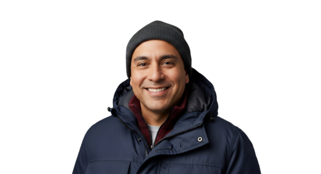 Smiling 47-52-year-old Hispanic building superintendent salting an entrance walkway, wearing a heavy winter coat and warm hat, isolated on transparent background. Ideal for property management,