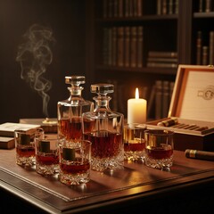 A square decanter and several glasses of whiskey on a marble table in soft window light indoors