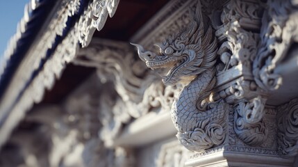 Elaborate dragon sculpture adorning a thai temple, showcasing architectural detail