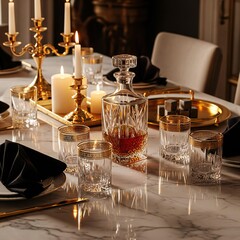 A table setting with whiskey decanters, glasses, cigars, and a candle in a dimly lit room