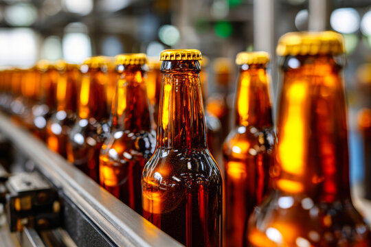 Bottles of beer filled and capped in a brewery production line during daytime operations