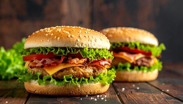 Two appetizing burgers with sesame seed buns sit on a wooden table. Lettuce, tomato, bacon, and cheese are visible. A leafy green backdrop is present - Powered by Adobe