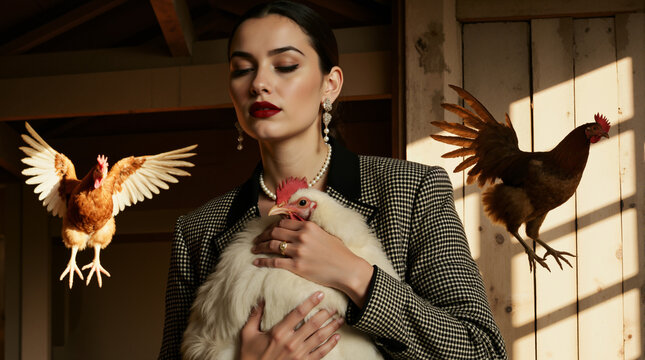 An elegant woman in a stylish blazer holding a white chicken. Surreal fashion portrait in a rustic farm setting.