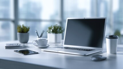 Modern workspace setup with sleek laptop, coffee, and minimalist decor