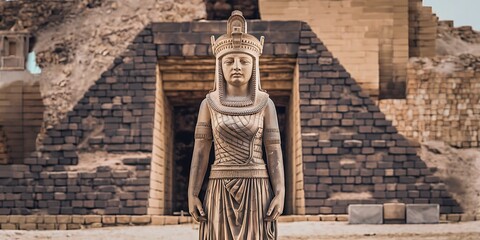 Sumerian goddess Inanna Ishtar divine queen of heaven fertility love standing before grand Anunnaki temple Mesopotamian architecture detailed ancient structure spiritual art 2D cartoon illustration