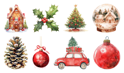 PNG Festive watercolor Christmas illustrations, element set on transparent background