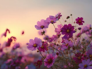 Vibrant Cosmos Flowers Field with Soft Sunset Hues, Delicate Petals Swaying in Gentle Breeze, Peaceful Autumn Meadow Scene, Serene Nature Beauty