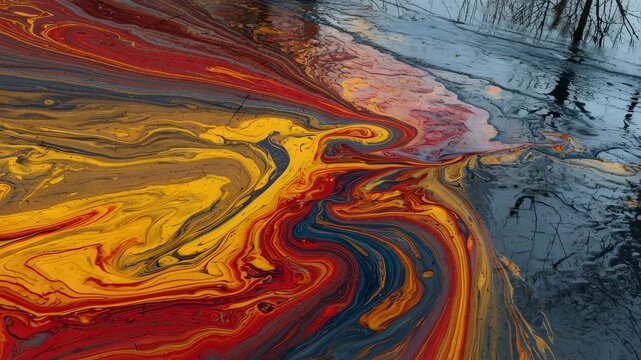 Fluid art abstract painting with vibrant swirling colors and reflections in water, creating a dynamic visual effect