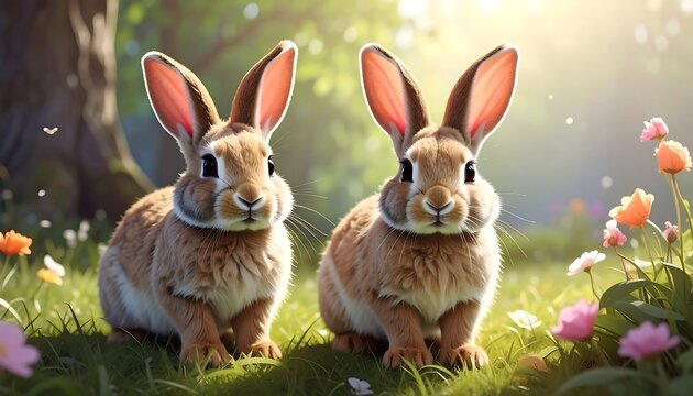 Two fluffy, brown rabbits sit in a grassy field dotted with colorful wildflowers. Sunlight streams through the trees in the background, creating a warm, natural scene - Powered by Adobe