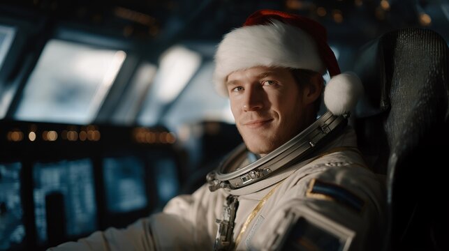 Astronaut holding a Santa hat in front of glowing instrument panel aboard space module — representing festive humanity in space exploration, holiday emotion in zero gravity, and Christmas in