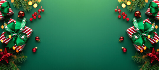 Merry Christmas and Happy Holidays greeting card, frame, banner. New Year. Red Christmas ornaments and gifts, presents on green background top view. Xmas holiday festive theme. Christmas decoration