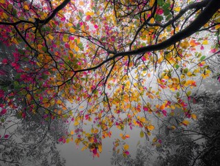 Vibrant Autumn Canopy with Colorful Leaves Against Gray Sky, Upward View of Tree Branches in Fall, Dynamic Seasonal Foliage Scene