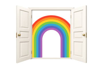 Open doors with rainbow. Hope and positivity concept.