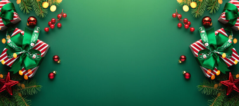 Merry Christmas and Happy Holidays greeting card, frame, banner. New Year. Red Christmas ornaments and gifts, presents on green background top view. Xmas holiday festive theme. Christmas decoration