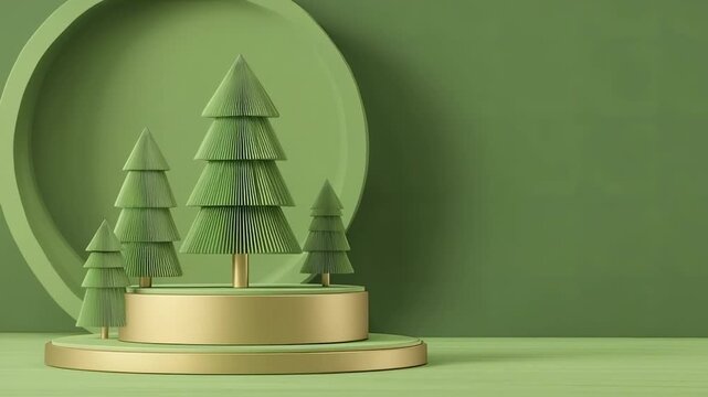 Four stylized green cone-shaped trees on a two-tiered golden podium against a green arched backdrop