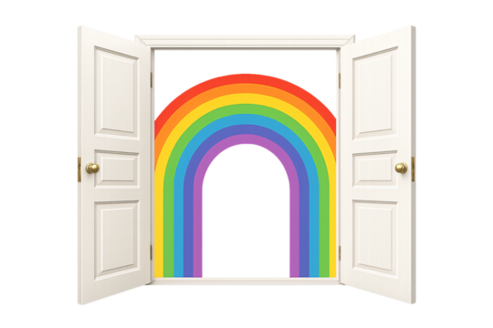 Open doors with rainbow. Hope and positivity concept.