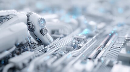 Futuristic technology concept art featuring a robot arm in white environment