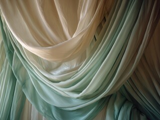 Flowing Draped Fabric Soft Light Blue Cream Hues Textured Textile Elegant Background Curtains Interior Design Material Aesthetic