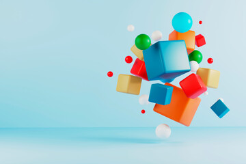 Vibrant 3D cubes and spheres floating on pale blue