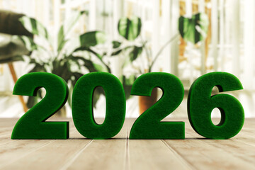 Green grass 3D 2026 on wood, soft indoor plants behind