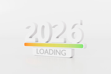 White 2026 with loading bar in clean studio scene, sleek