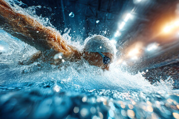 Competitive swimmer performs a powerful stroke in an indoor pool during a high-stakes tournament