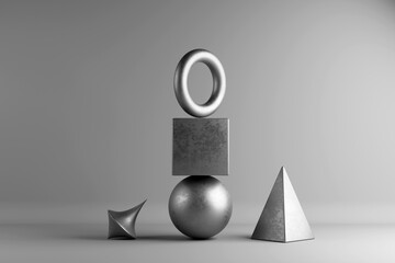 Stacked metallic shapes in balanced abstract composition.