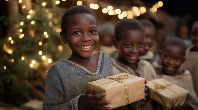Children living in a shelter excitedly unwrapping donated Christmas gifts beside a glowing Christmas tree, laughter and gratitude filling the room &mdash; emotional scene representing holiday giving,