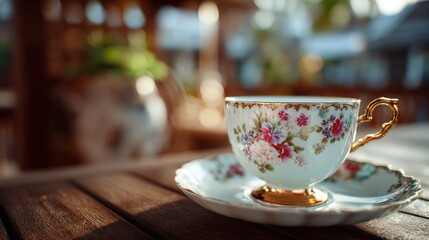 Delicate floral teacup with gold accents on wooden outdoor table