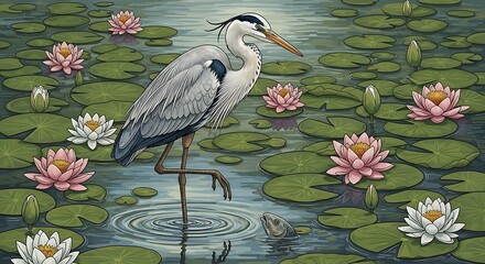 Naklejka premium Elegant Grey Heron Standing Gracefully Among Pink and White Water Lilies in a Serene Pond.