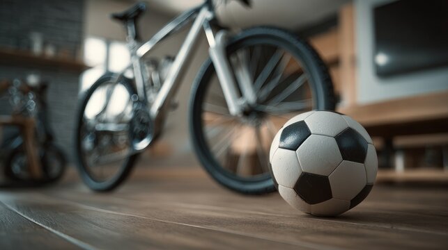 Sporty lifestyle imagery with a bicycle and soccer ball indoor setting