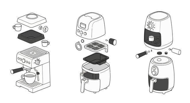 Exploded View of Kitchen Appliances - Coffee Maker, Toaster Oven, Air Fryer.