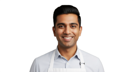 Smiling 28-33-year-old South Asian man, a cheesemonger suggesting holiday pairings, in a crisp white apron, isolated on transparent background. Perfect for gourmet food retail,