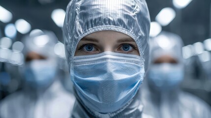 Individual in protective suit and mask, gazing directly, focused blue eyes. Behind, blurred figures in similar attire hint at a clinical or scientific setting. Cool lighting, indistinct bokeh