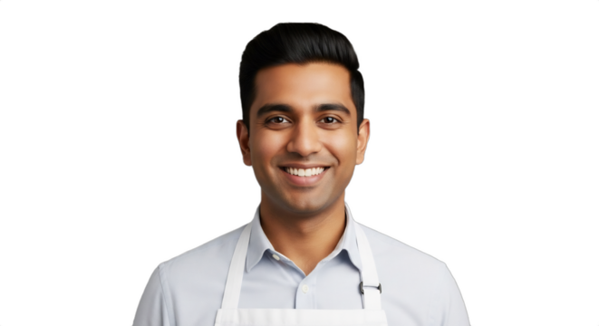 Smiling 28-33-year-old South Asian man, a cheesemonger suggesting holiday pairings, in a crisp white apron, isolated on transparent background. Perfect for gourmet food retail,
