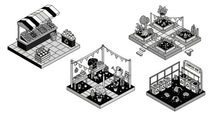 Isometric view of market stalls and garden plots illustration.