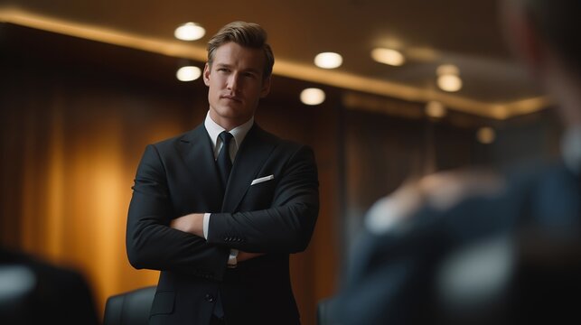 Business director standing before a tense boardroom during a financial crisis presentation — concept of executive leadership under pressure, strategic resilience, and emotional stability in