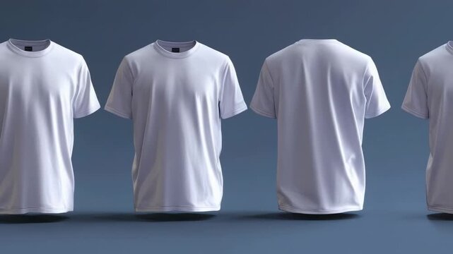 Four white crew neck t-shirts displayed in a row from front and back angles against a blue-grey background