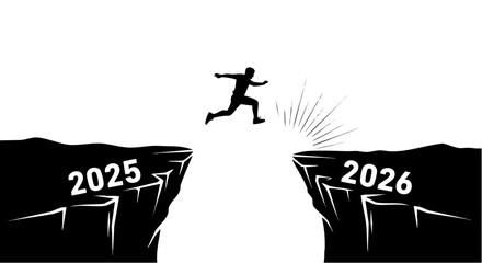 Man jumping from 2025 to 2026, representing change and progress in the future.