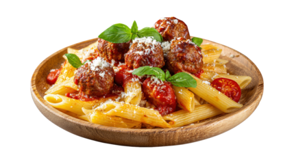 A bowl of pasta with meatballs and vegetables