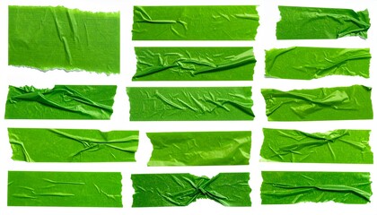 set of green adhesive torn tape isolated transparent png background,Paper tape