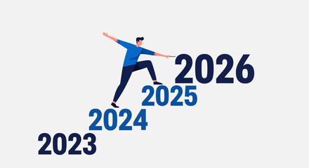 Man climbing the stairs of years, reaching for the future, achieving goals and success.