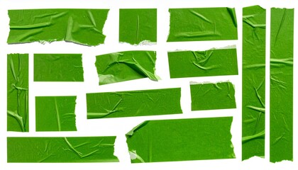 set of green adhesive torn tape isolated transparent png background,Paper tape